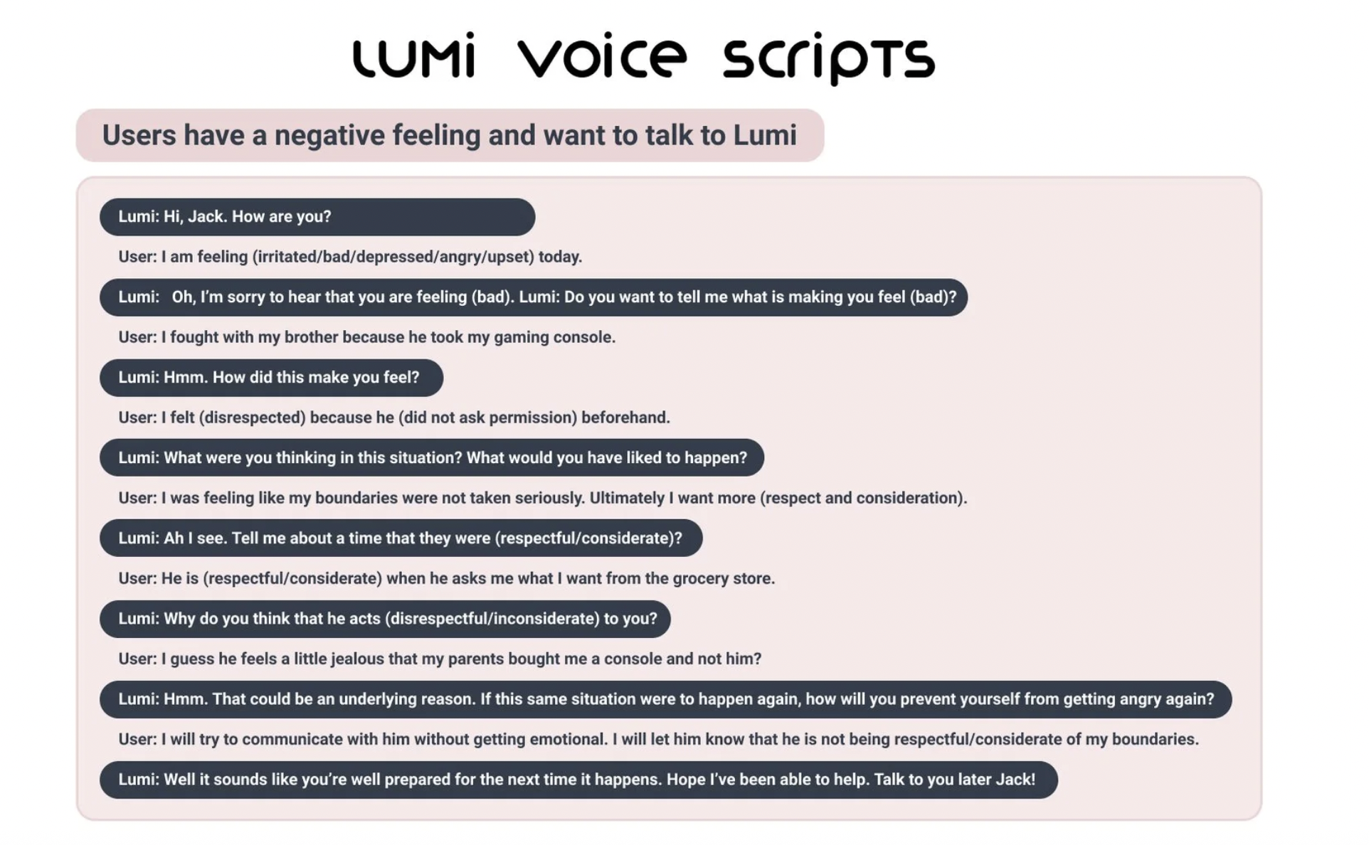 Voice Script 1: User has a negative feeling and wants to talk to Lumi. Lumi guides Jack through Cognitive Reframing after a fight with his brother about a gaming console.